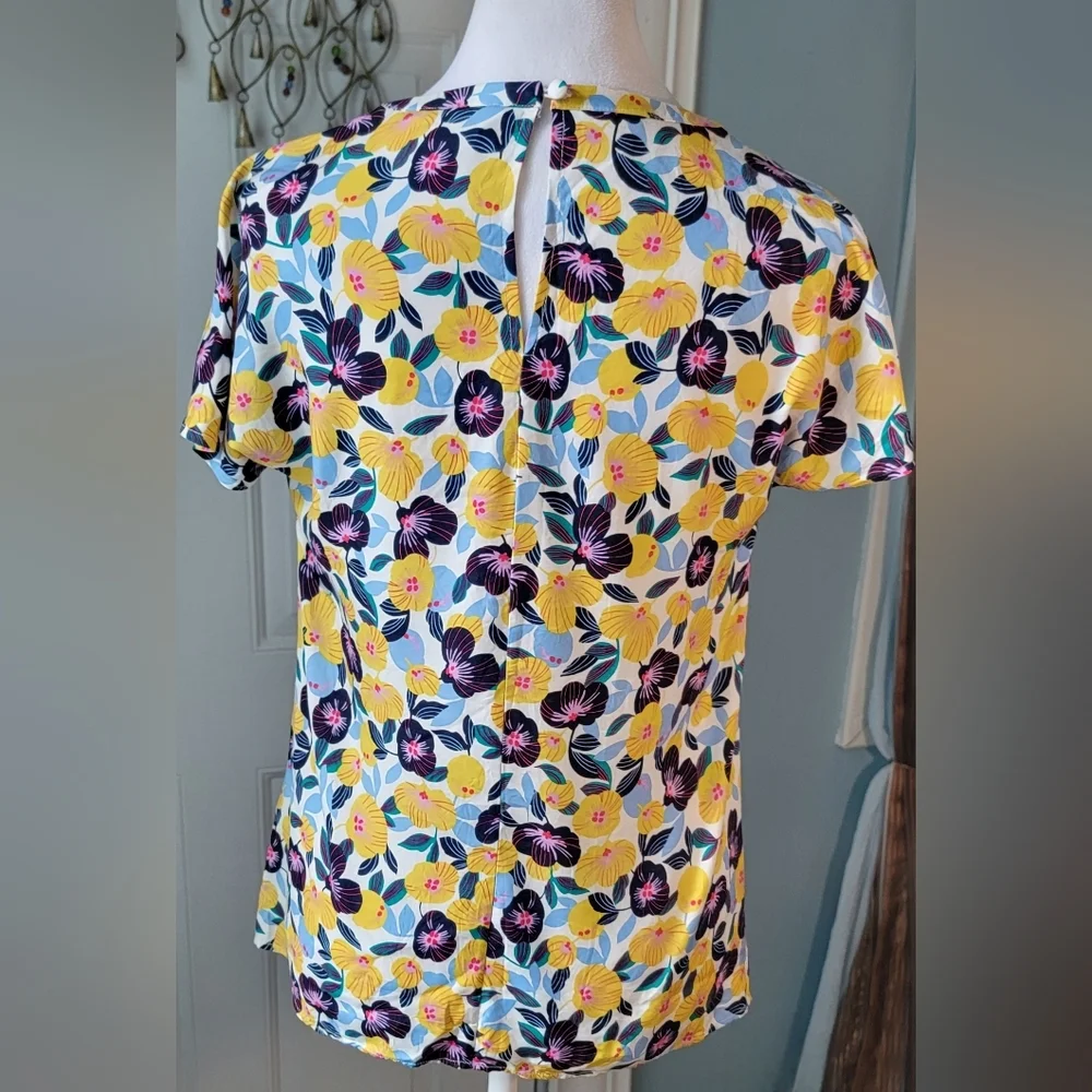 Boden Florence Floral Blouse Women's 4 Yellow Blue Pansies Silk Blend Short Slee